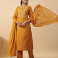 Janasya Straight Magics Slub Mustard Embroidered Notch Neck Kurta,Bottom & Dupatta | Swadesiicart