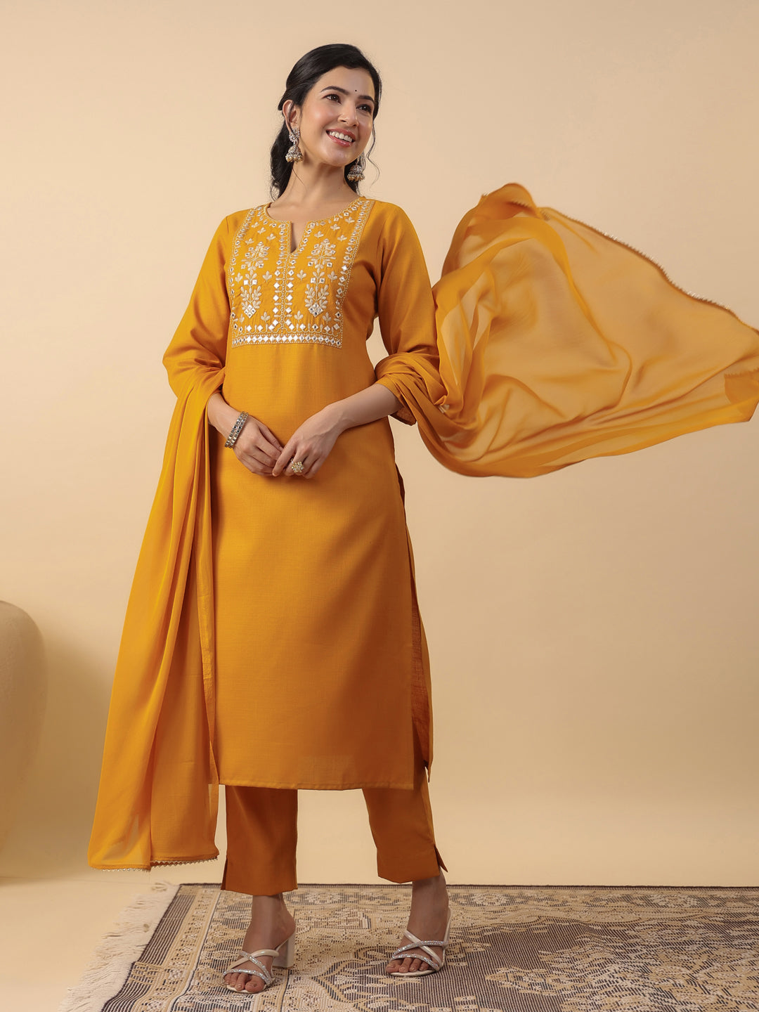 Janasya Straight Magics Slub Mustard Embroidered Notch Neck Kurta,Bottom & Dupatta | Swadesiicart
