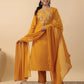 Janasya Straight Magics Slub Mustard Embroidered Notch Neck Kurta,Bottom & Dupatta | Swadesiicart