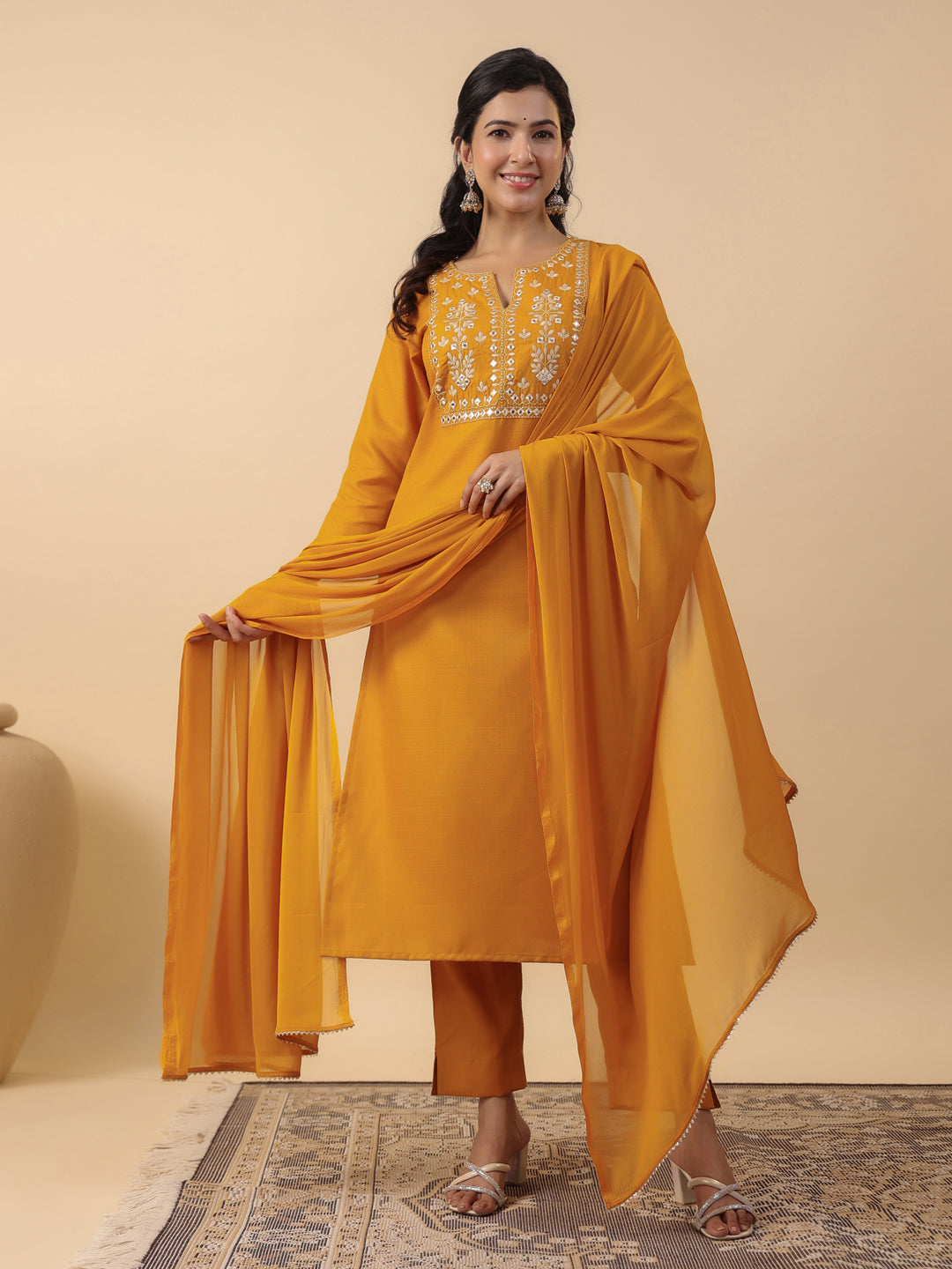 Janasya Straight Magics Slub Mustard Embroidered Notch Neck Kurta,Bottom & Dupatta | Swadesiicart