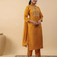 Janasya Straight Magics Slub Mustard Embroidered Notch Neck Kurta,Bottom & Dupatta | Swadesiicart