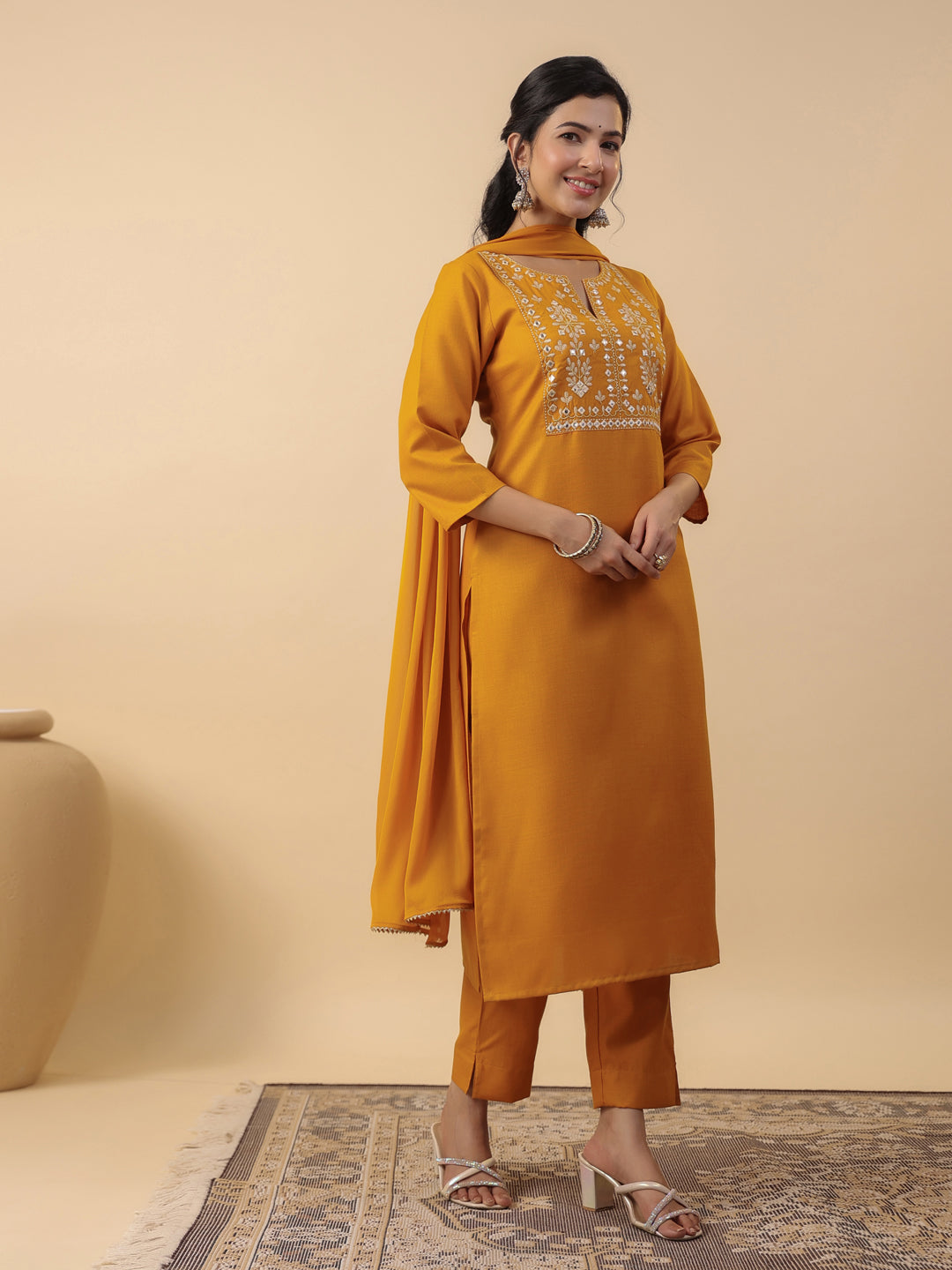 Janasya Straight Magics Slub Mustard Embroidered Notch Neck Kurta,Bottom & Dupatta | Swadesiicart