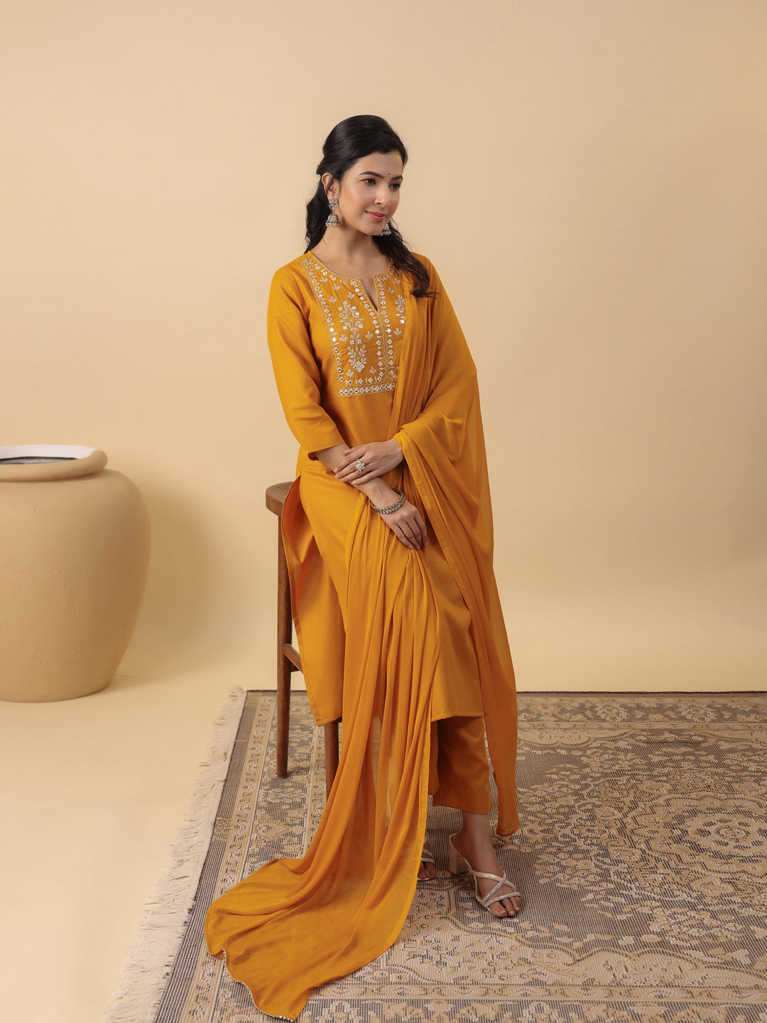 Janasya Straight Magics Slub Mustard Embroidered Notch Neck Kurta,Bottom & Dupatta | Swadesiicart