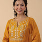 Janasya Straight Magics Slub Mustard Embroidered Notch Neck Kurta,Bottom & Dupatta | Swadesiicart