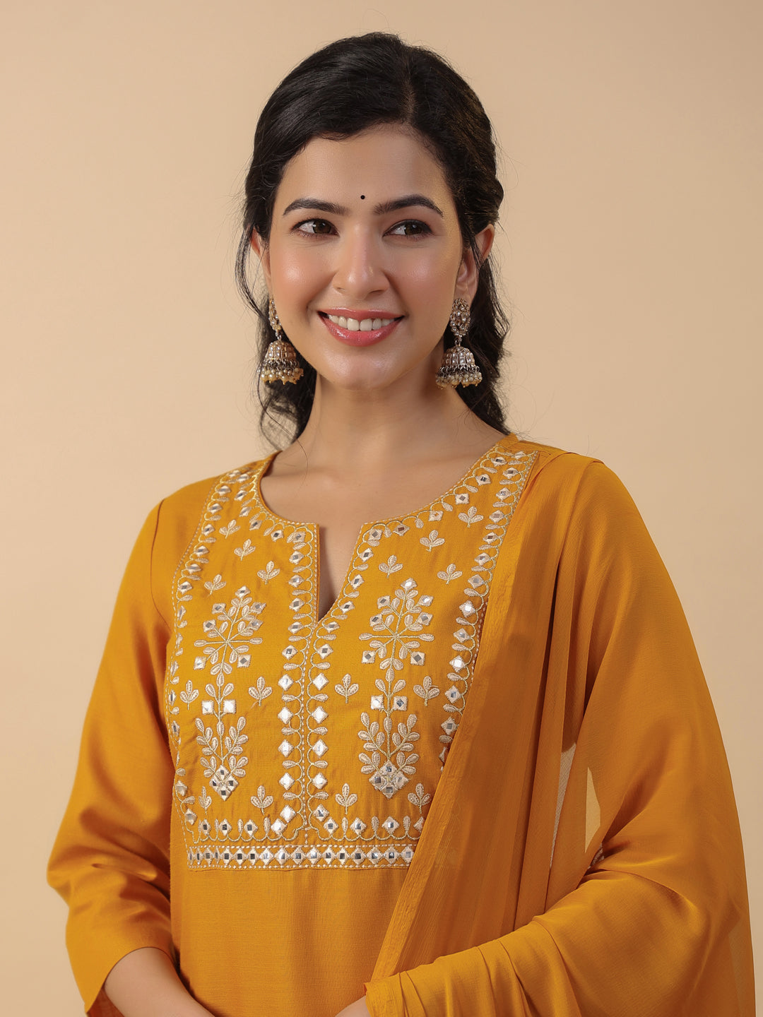 Janasya Straight Magics Slub Mustard Embroidered Notch Neck Kurta,Bottom & Dupatta | Swadesiicart