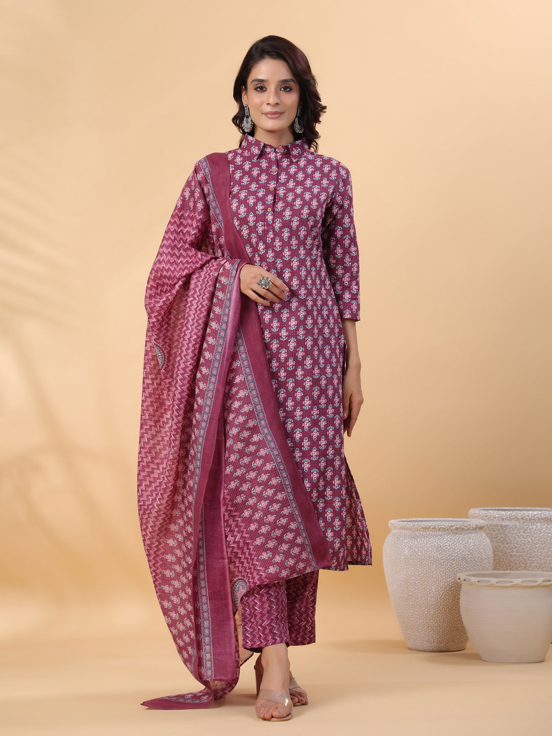 Janasya Regular Poly Cotton Purple Printed Shirt Collar Kurta,Bottom & Dupatta - Swadesiicart