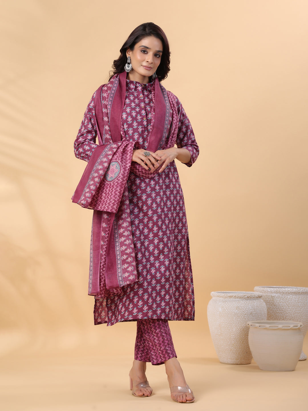 Janasya Regular Poly Cotton Purple Printed Shirt Collar Kurta,Bottom & Dupatta - Swadesiicart