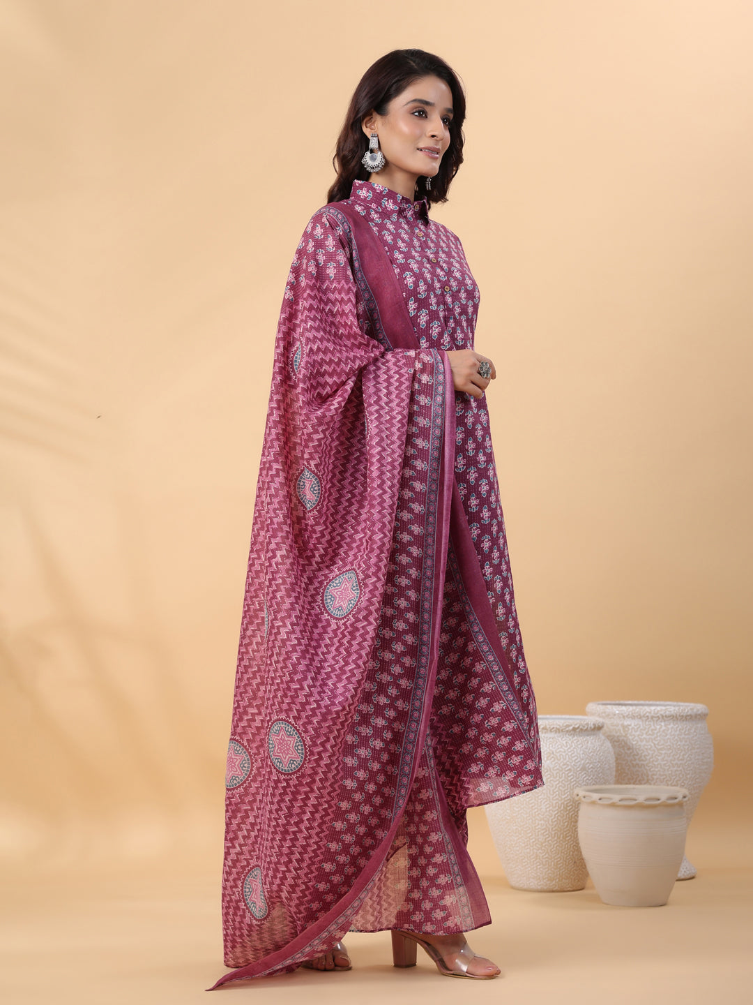 Janasya Regular Poly Cotton Purple Printed Shirt Collar Kurta,Bottom & Dupatta - Swadesiicart