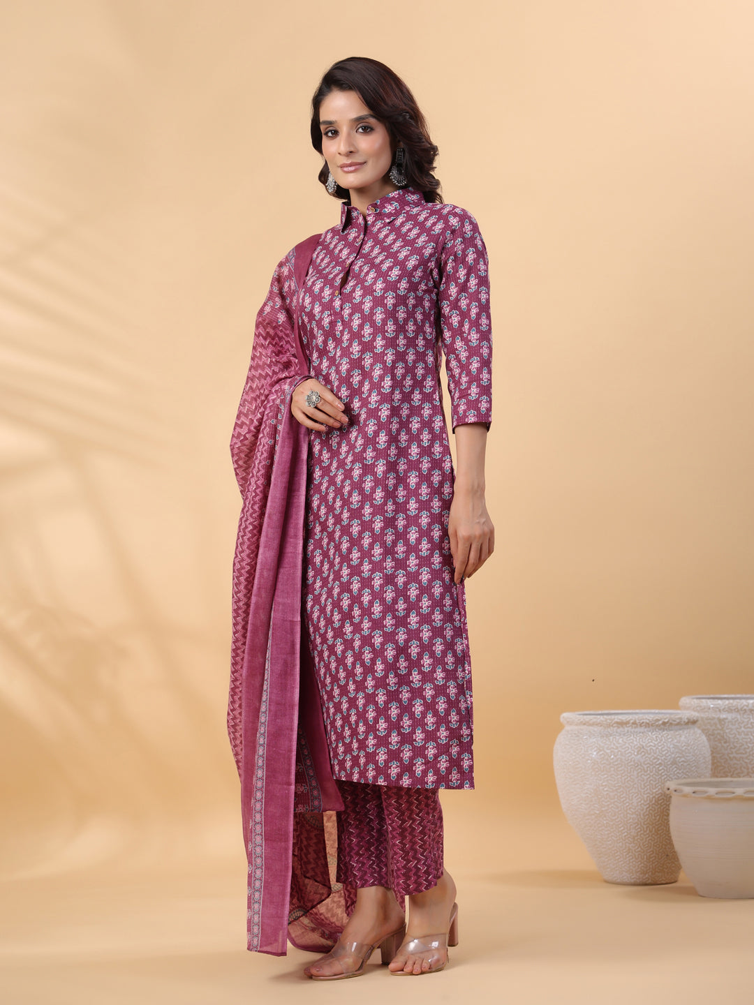 Janasya Regular Poly Cotton Purple Printed Shirt Collar Kurta,Bottom & Dupatta - Swadesiicart