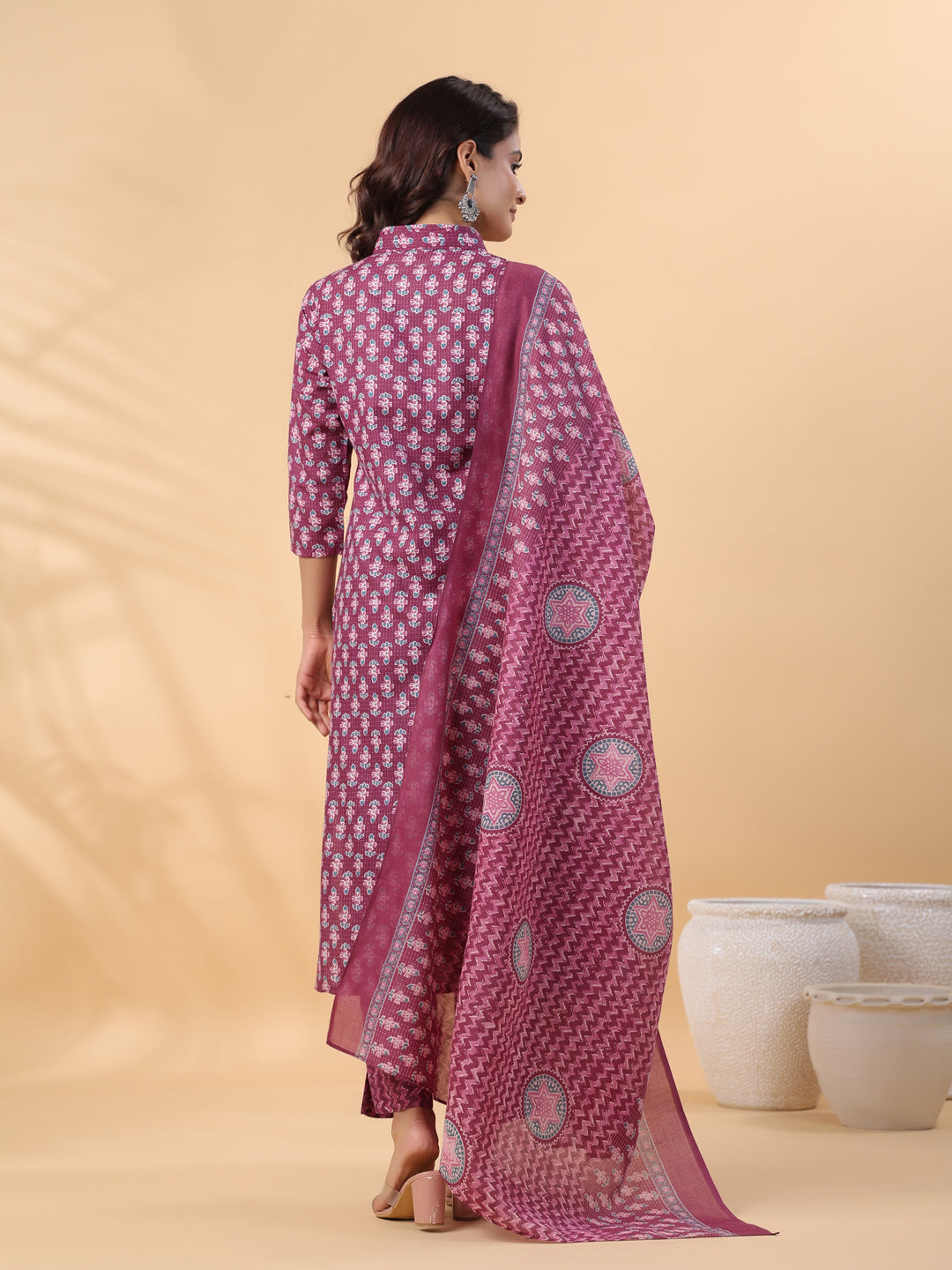 Janasya Regular Poly Cotton Purple Printed Shirt Collar Kurta,Bottom & Dupatta - Swadesiicart