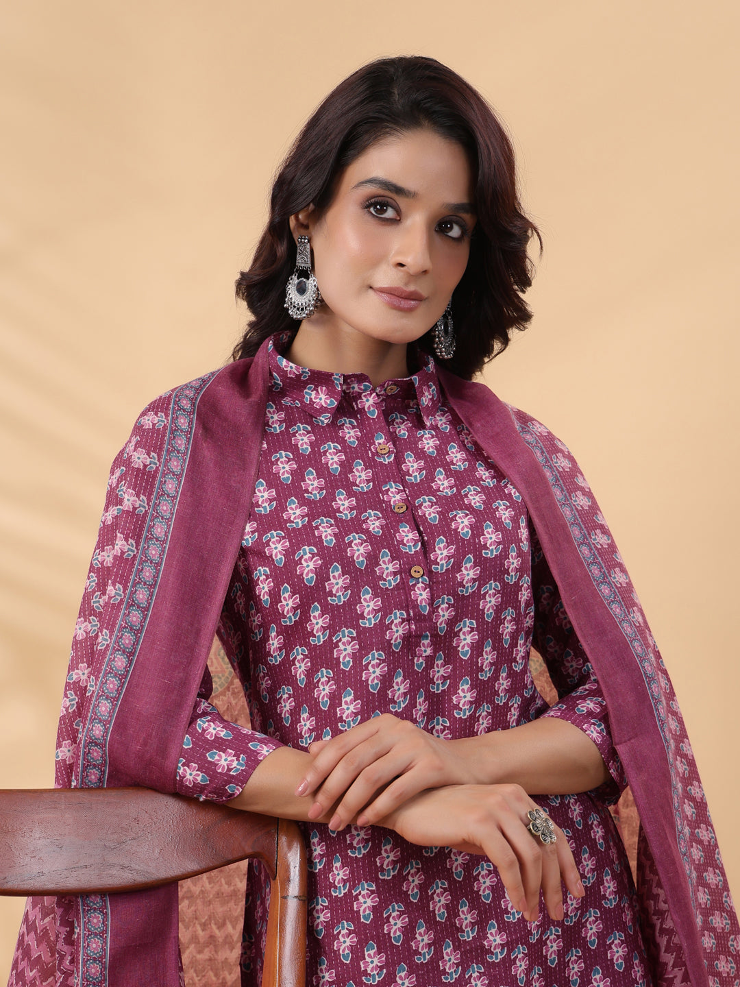 Janasya Regular Poly Cotton Purple Printed Shirt Collar Kurta,Bottom & Dupatta - Swadesiicart