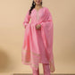 Janasya Regular Magics Slub Baby Pink Solid Notch Neck Kurta,Bottom & Dupatta | Swadesiicart