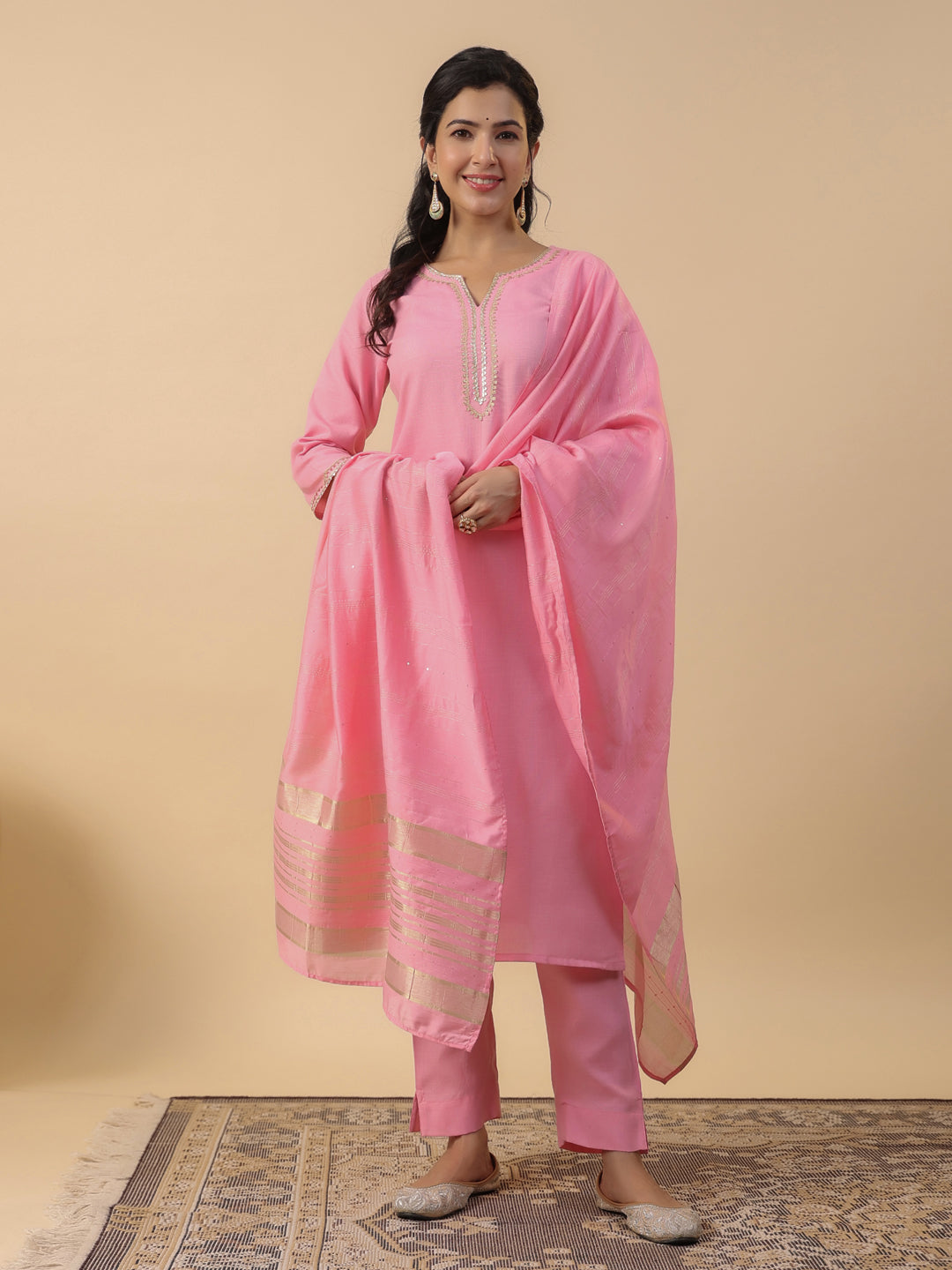 Janasya Regular Magics Slub Baby Pink Solid Notch Neck Kurta,Bottom & Dupatta | Swadesiicart