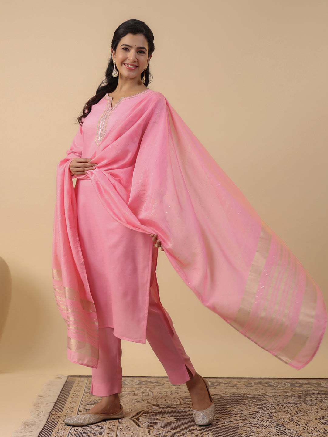 Janasya Regular Magics Slub Baby Pink Solid Notch Neck Kurta,Bottom & Dupatta | Swadesiicart