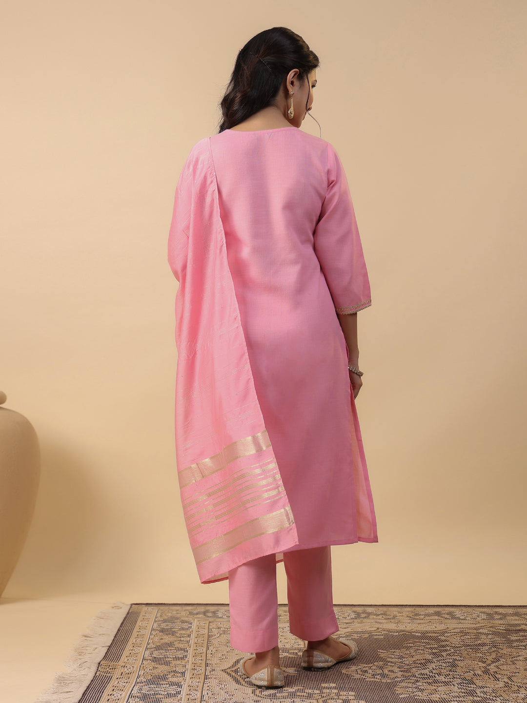 Janasya Regular Magics Slub Baby Pink Solid Notch Neck Kurta,Bottom & Dupatta | Swadesiicart