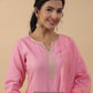 Janasya Regular Magics Slub Baby Pink Solid Notch Neck Kurta,Bottom & Dupatta | Swadesiicart