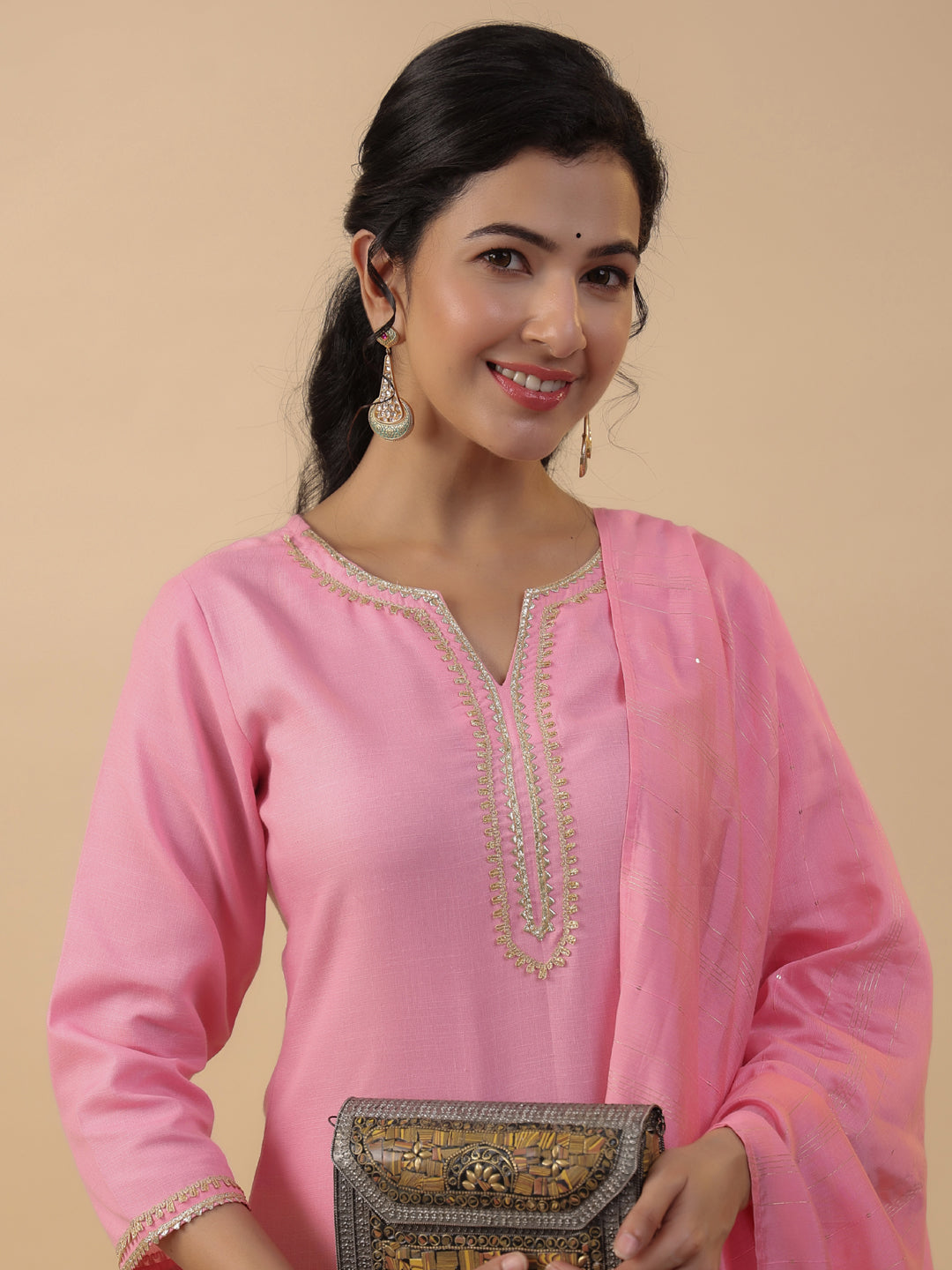 Janasya Regular Magics Slub Baby Pink Solid Notch Neck Kurta,Bottom & Dupatta | Swadesiicart