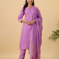 Janasya Regular Magics Slub Lavender Solid Notch Neck Kurta,Bottom & Dupatta | Swadesiicart