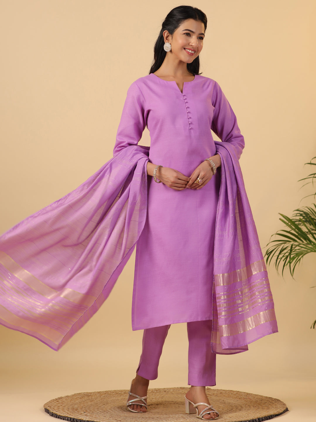 Janasya Regular Magics Slub Lavender Solid Notch Neck Kurta,Bottom & Dupatta | Swadesiicart