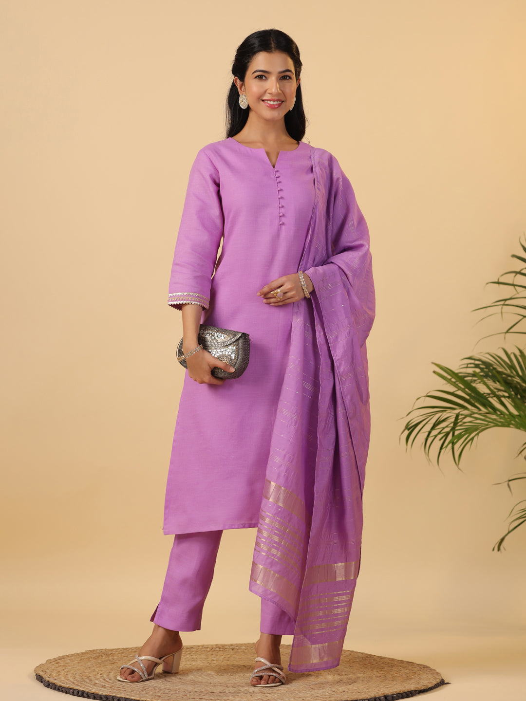Janasya Regular Magics Slub Lavender Solid Notch Neck Kurta,Bottom & Dupatta | Swadesiicart
