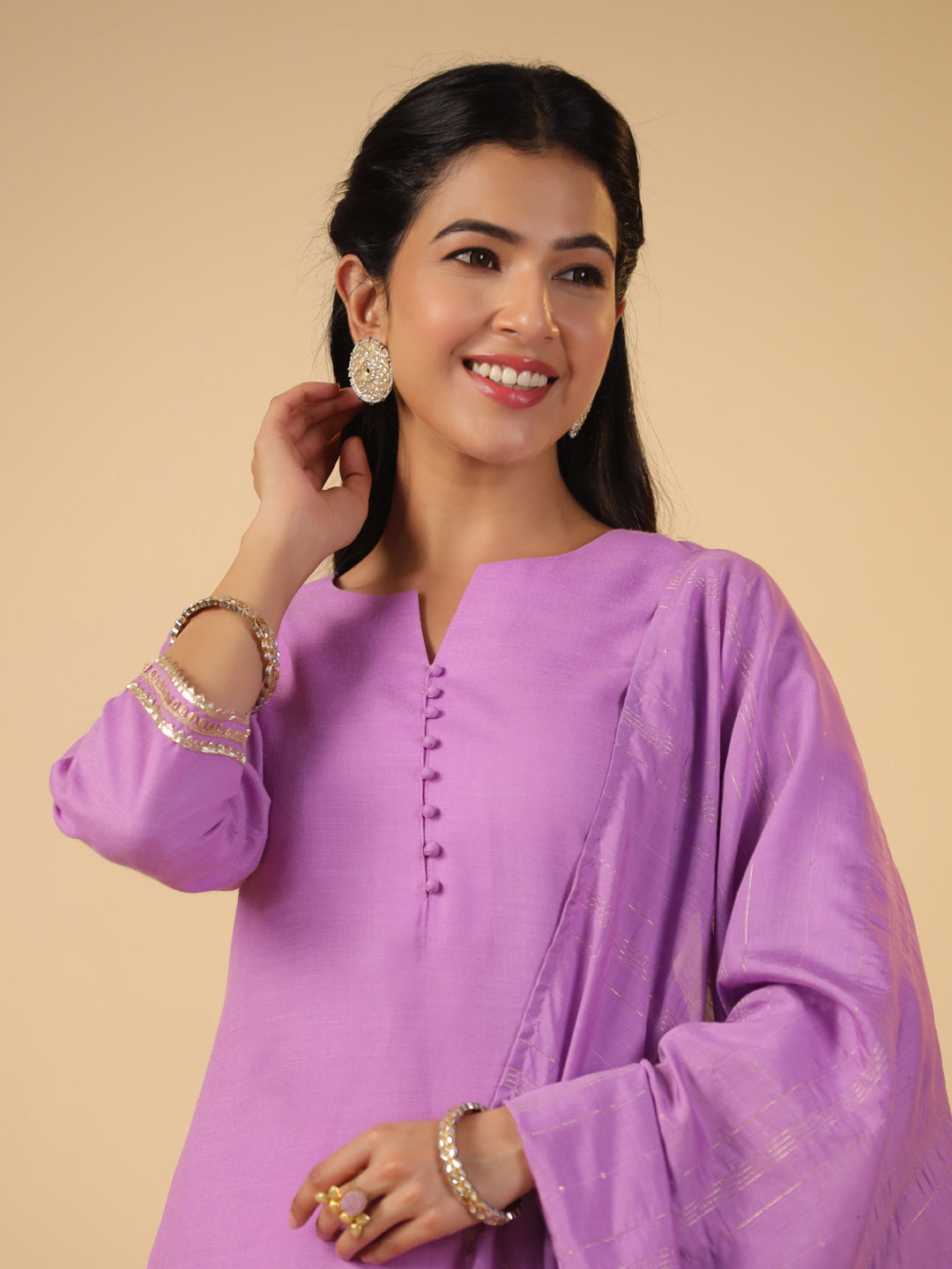 Janasya Regular Magics Slub Lavender Solid Notch Neck Kurta,Bottom & Dupatta | Swadesiicart