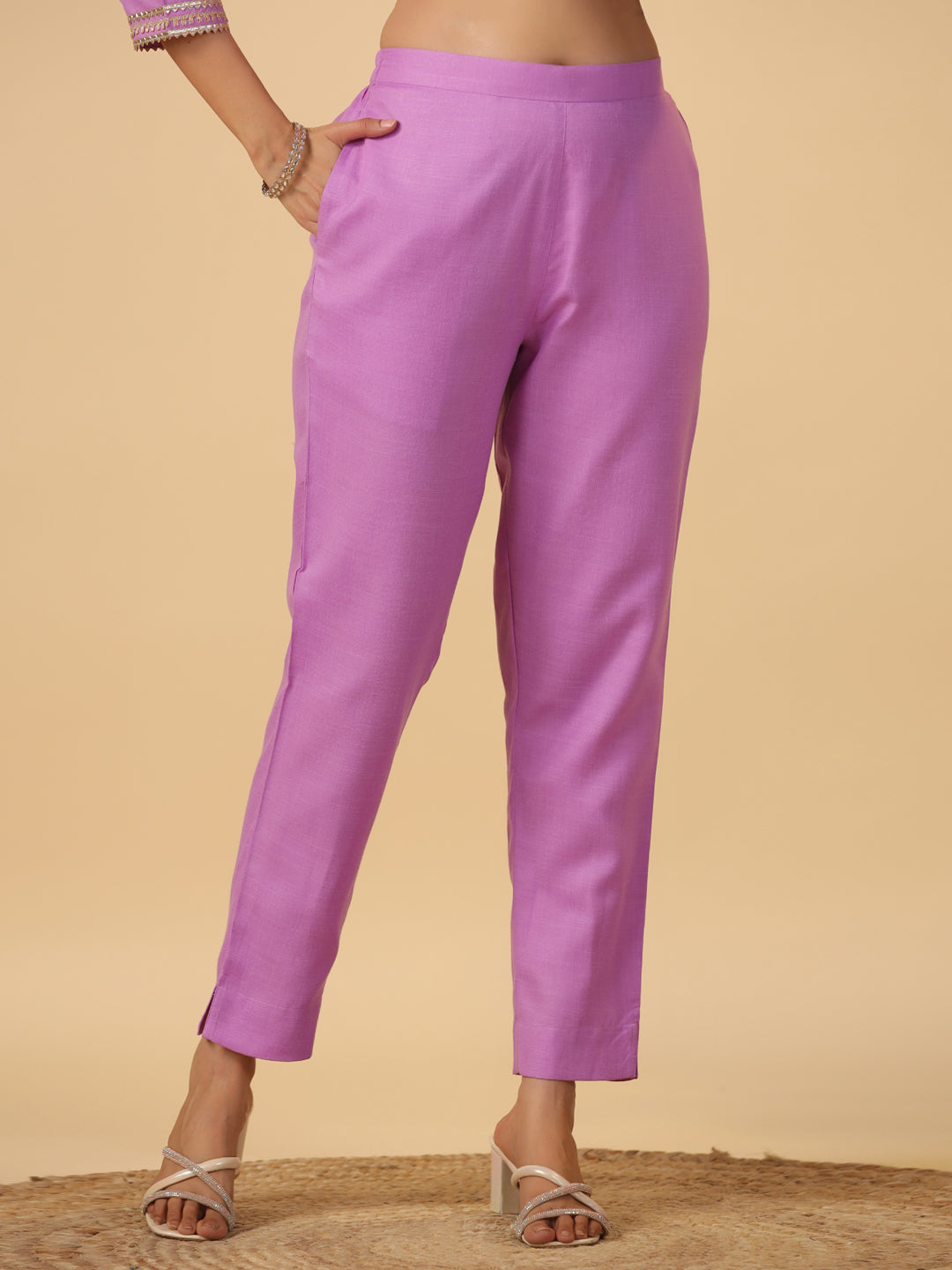 Janasya Regular Magics Slub Lavender Solid Notch Neck Kurta,Bottom & Dupatta | Swadesiicart