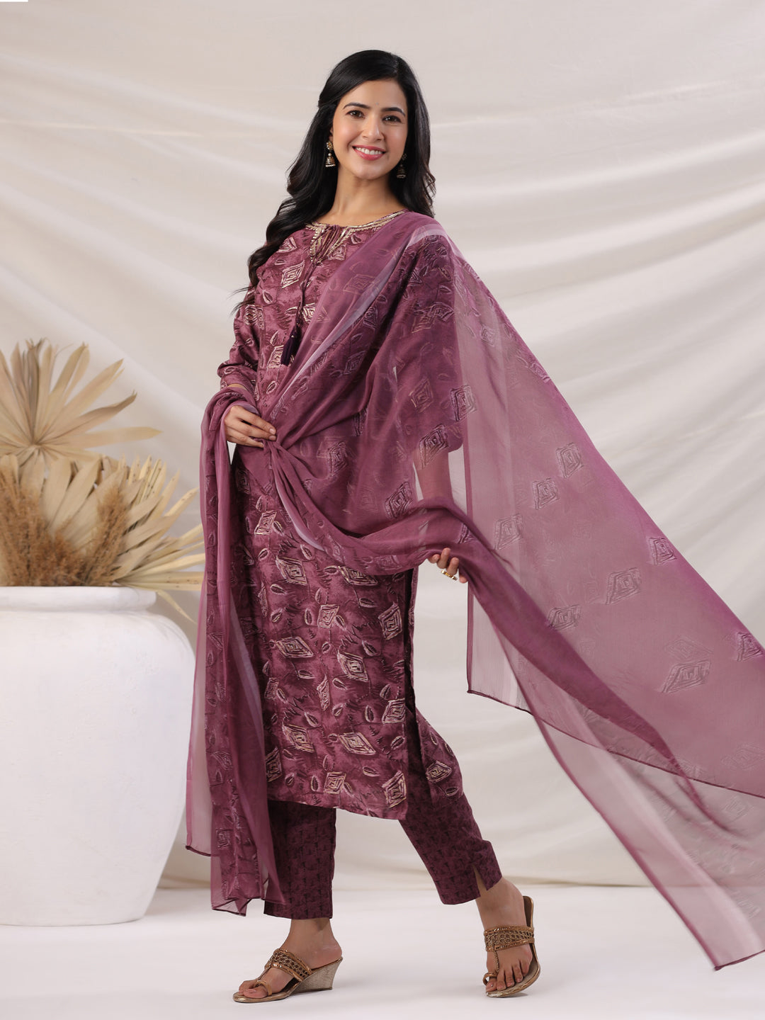 Janasya Regular Biscuit Slub Violet Abstract Tie-Up Neck Kurta,Bottom & Dupatta - Swadesiicart