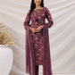 Janasya Regular Biscuit Slub Violet Abstract Tie-Up Neck Kurta,Bottom & Dupatta - Swadesiicart
