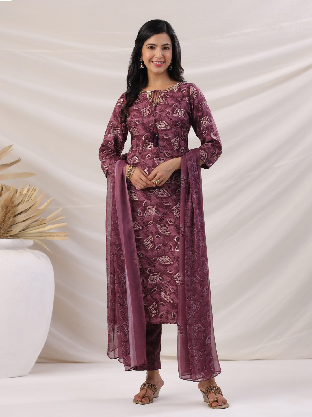Janasya Regular Biscuit Slub Violet Abstract Tie-Up Neck Kurta,Bottom & Dupatta - Swadesiicart