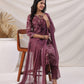 Janasya Regular Biscuit Slub Violet Abstract Tie-Up Neck Kurta,Bottom & Dupatta - Swadesiicart