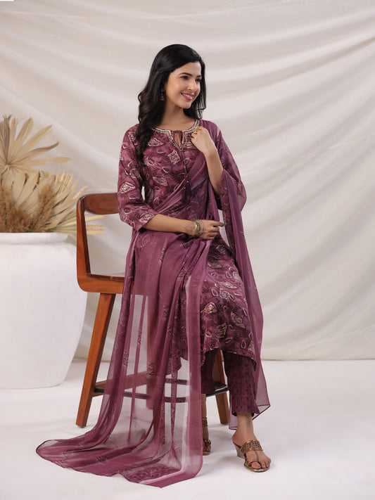 Janasya Regular Biscuit Slub Violet Abstract Tie-Up Neck Kurta,Bottom & Dupatta - Swadesiicart