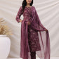 Janasya Regular Biscuit Slub Violet Abstract Tie-Up Neck Kurta,Bottom & Dupatta - Swadesiicart