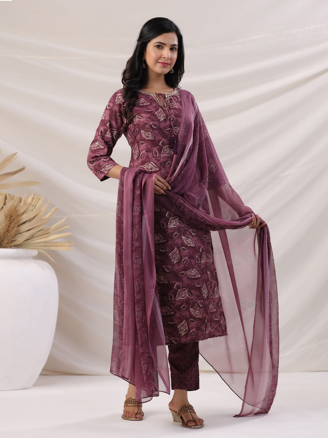 Janasya Regular Biscuit Slub Violet Abstract Tie-Up Neck Kurta,Bottom & Dupatta - Swadesiicart