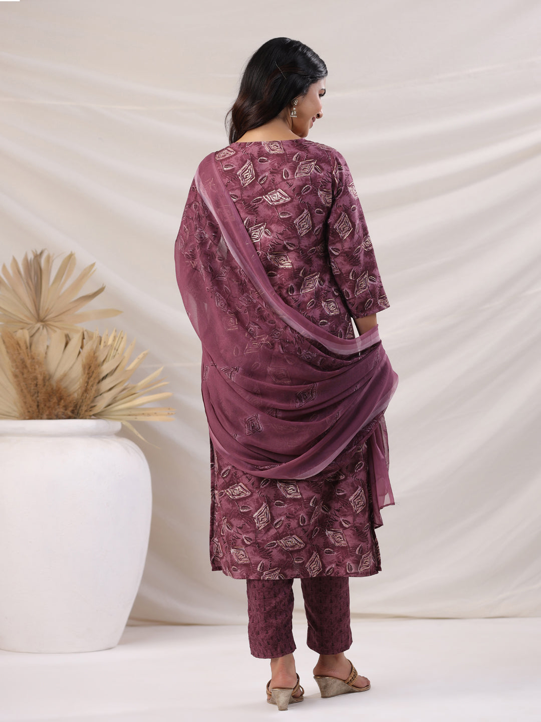 Janasya Regular Biscuit Slub Violet Abstract Tie-Up Neck Kurta,Bottom & Dupatta - Swadesiicart
