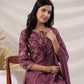 Janasya Regular Biscuit Slub Violet Abstract Tie-Up Neck Kurta,Bottom & Dupatta - Swadesiicart