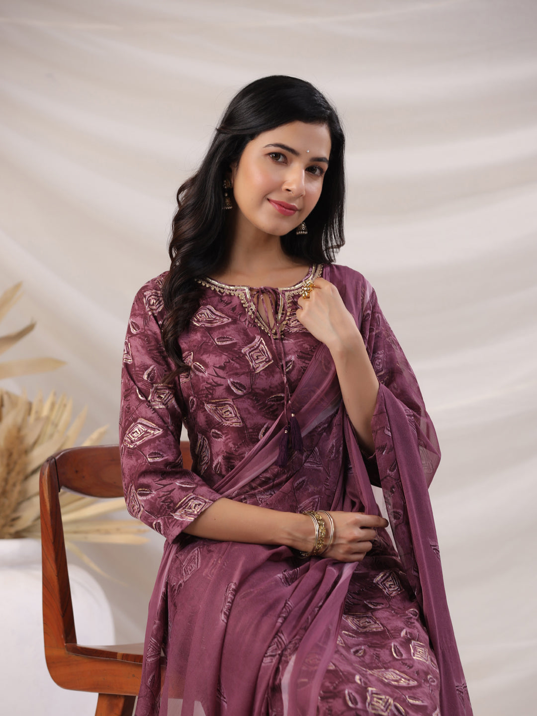 Janasya Regular Biscuit Slub Violet Abstract Tie-Up Neck Kurta,Bottom & Dupatta - Swadesiicart