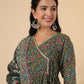 Janasya Angrakha Poly Cotton Green Gemometric V-Neck Kurta Set | Swadesiicart