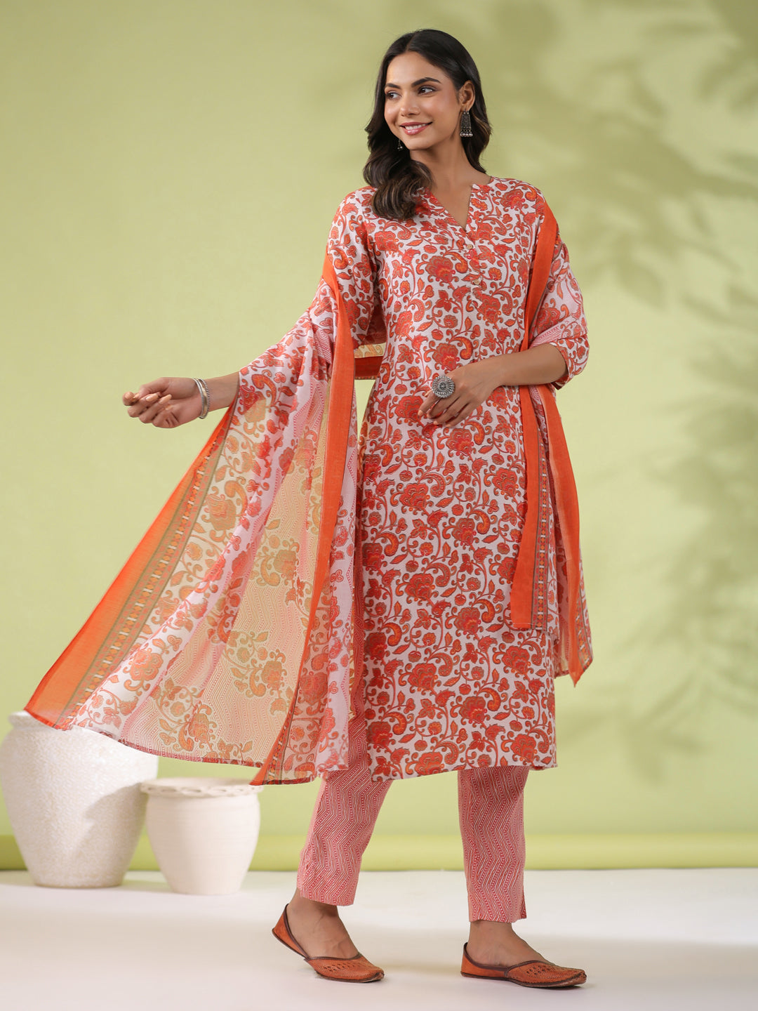 Janasya Regular Poly Cotton Off White Ethnic Motifs Round Neck Kurta Set - Swadesiicart