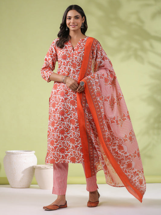 Janasya Regular Poly Cotton Off White Ethnic Motifs Round Neck Kurta Set - Swadesiicart