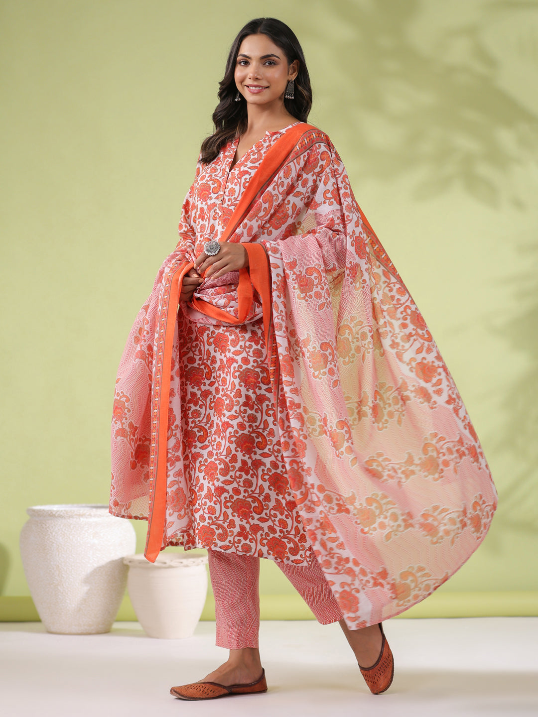 Janasya Regular Poly Cotton Off White Ethnic Motifs Round Neck Kurta Set - Swadesiicart