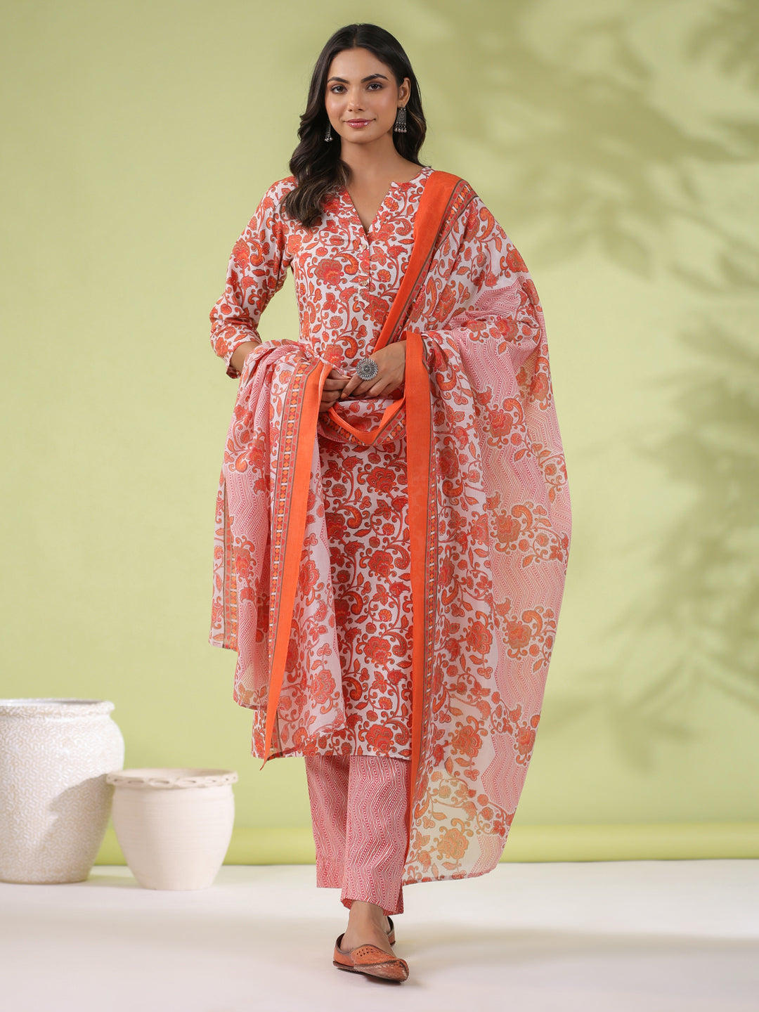 Janasya Regular Poly Cotton Off White Ethnic Motifs Round Neck Kurta Set - Swadesiicart