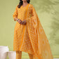 Janasya Regular Poly Cotton Mustard Gemometric V-Neck Kurta Set - Swadesiicart