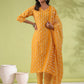 Janasya Regular Poly Cotton Mustard Gemometric V-Neck Kurta Set - Swadesiicart