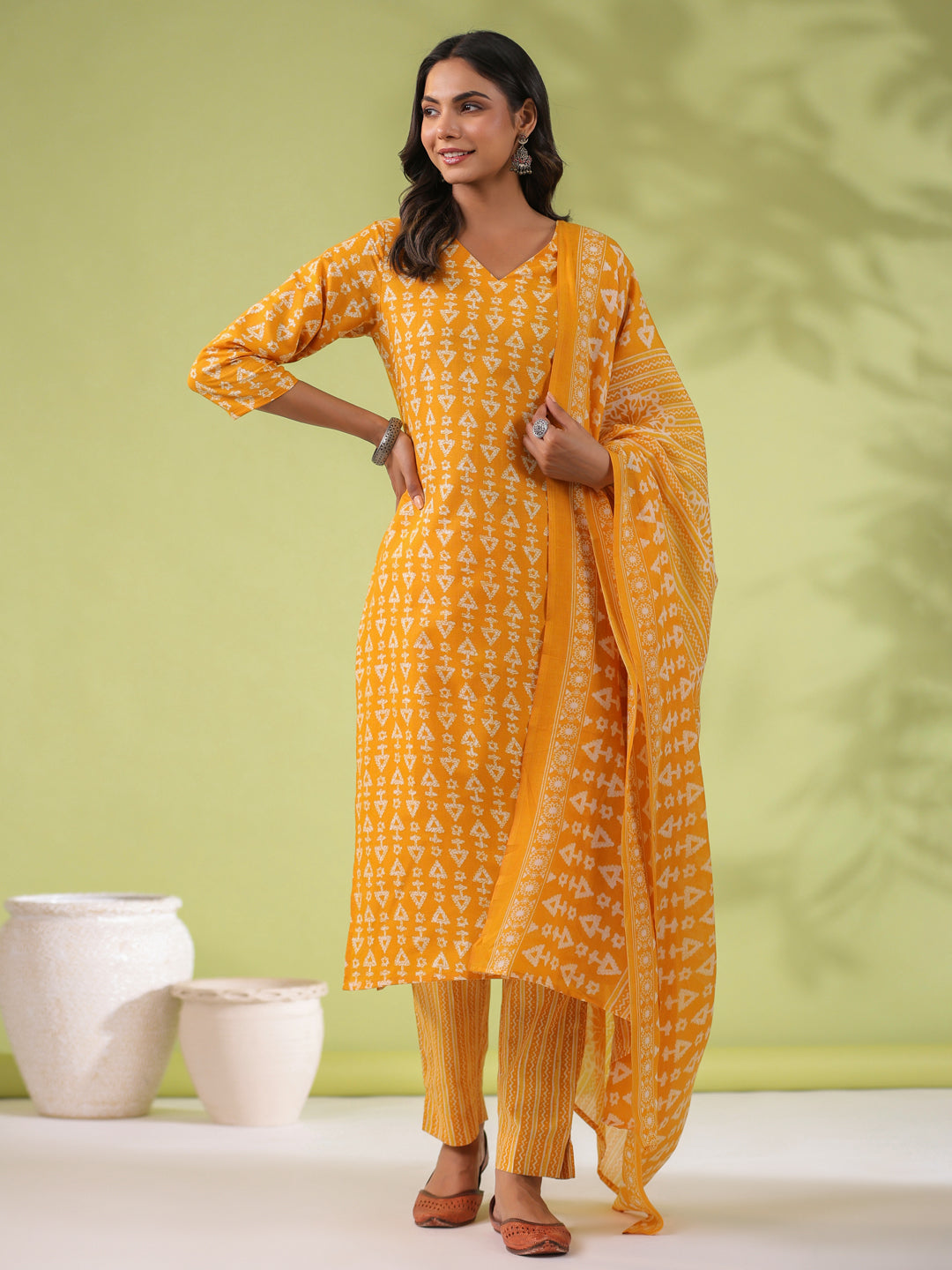 Janasya Regular Poly Cotton Mustard Gemometric V-Neck Kurta Set - Swadesiicart
