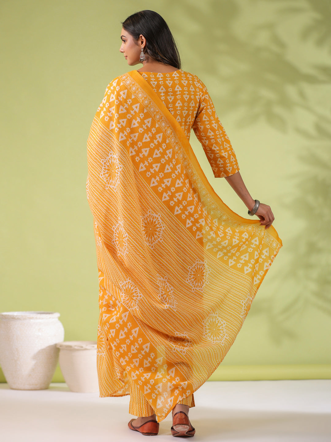 Janasya Regular Poly Cotton Mustard Gemometric V-Neck Kurta Set - Swadesiicart