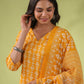 Janasya Regular Poly Cotton Mustard Gemometric V-Neck Kurta Set - Swadesiicart