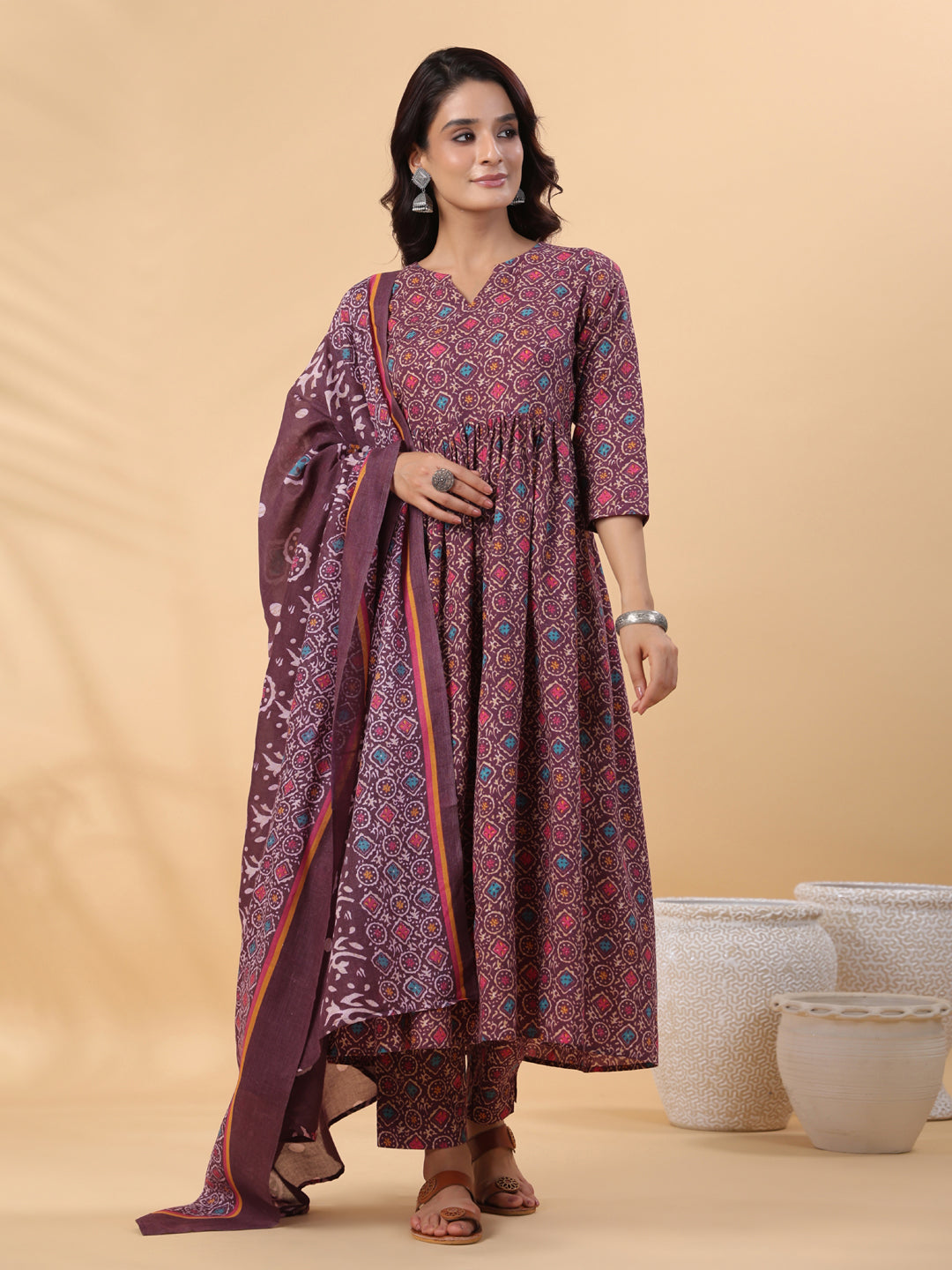 Janasya A-Line Cotton Blend Wine Abstract Round Neck Kurta,Bottom & Dupatta | Swadesiicart
