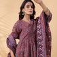 Janasya A-Line Cotton Blend Wine Abstract Round Neck Kurta,Bottom & Dupatta | Swadesiicart