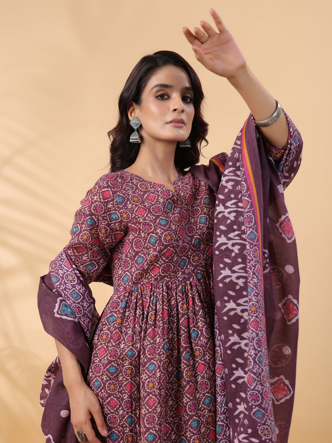 Janasya A-Line Cotton Blend Wine Abstract Round Neck Kurta,Bottom & Dupatta | Swadesiicart