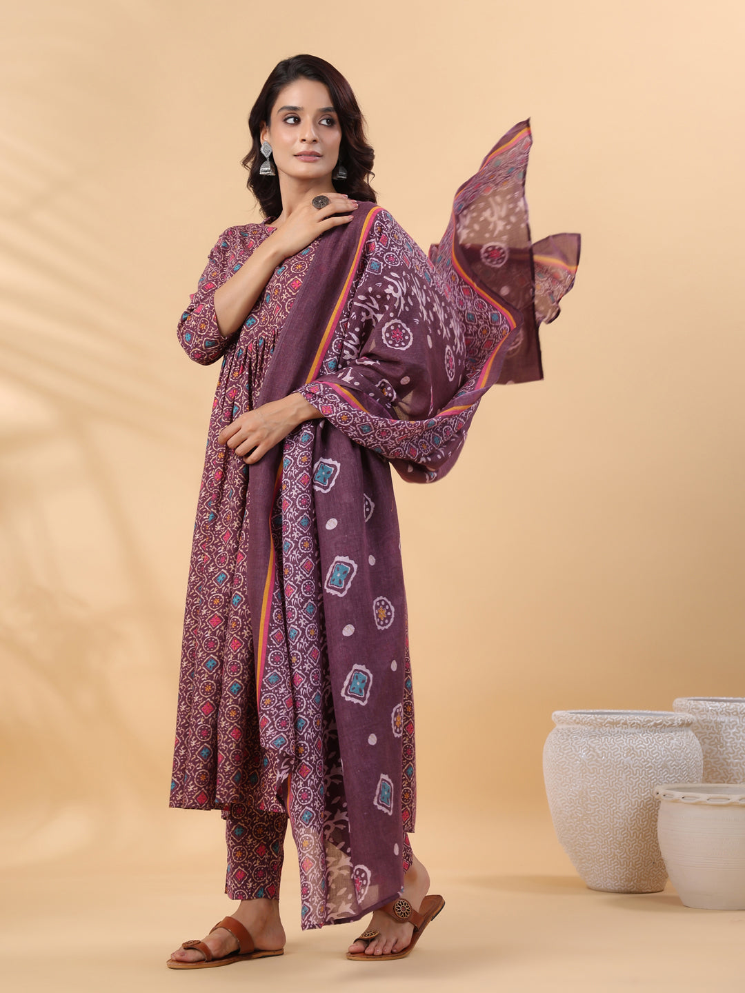 Janasya A-Line Cotton Blend Wine Abstract Round Neck Kurta,Bottom & Dupatta | Swadesiicart